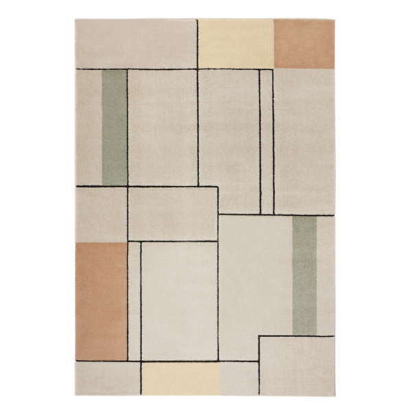area rug with peach, cream and forrest green squares